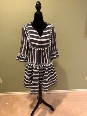 Striped Pom-Pom Trim Tiered Dress in Black and White